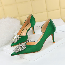 3165-AK11 Korean Fashion Banquet Slim Heel High Heel Shallow Mouth Pointed Satin Side Hollow Water Diamond Button Women's Single Shoe