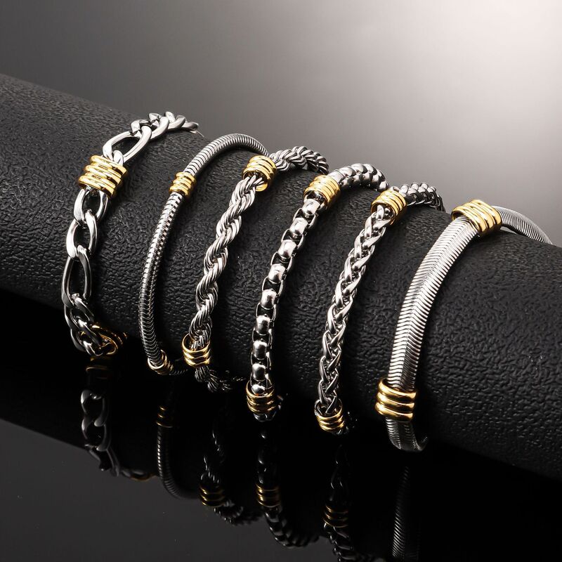 Cross-Border Stainless Steel Gold Bead Chain Bracelet European and American Men's Fashion Retro Hand Jewelry Twist Snake Bone Titanium Steel Bracelet