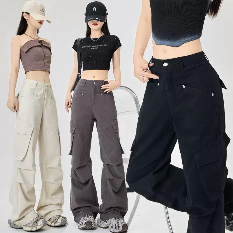 美式复古褶皱多口袋设计感工装裤女装街头潮牌宽松休闲伞兵长裤子