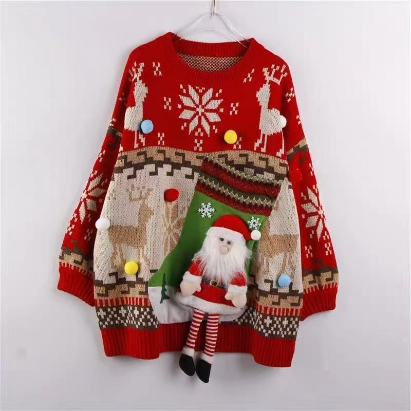 2025 Autumn/Winter New Korean Style Sweater for Women Versatile Santa Claus Sock Pocket New Women's Reindeer Knitwear