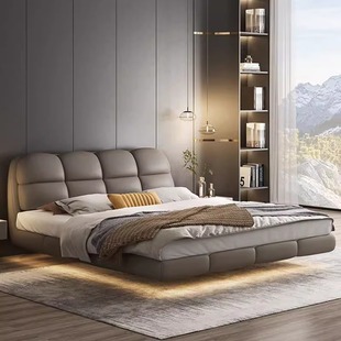 Italian Minimalist Floating Bed for Small Spaces, Modern Simple Genuine Leather Upholstered Wabi-Sabi Style Master Bedroom, Trendy Light Luxury Empty Bed