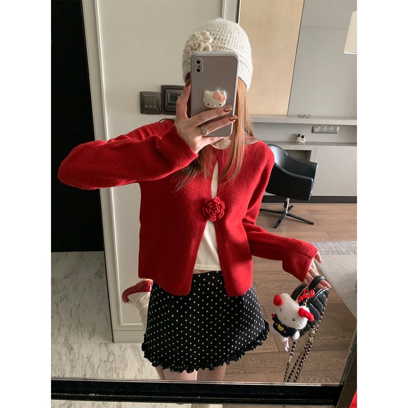 【现货】im向 捕梦少女立体手工钩花山茶花假两件针织衫女春撞色|undefined