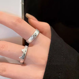 Unique cute cat and puppy pair ring couple index finger ring women's niche design open-end adjustable finger ring