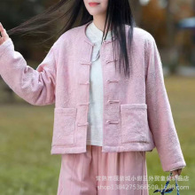 冬季新品高品质亚麻提花刺绣盘扣棉服外套女装短款开衫上衣棉袄