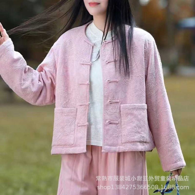 冬季新品高品质亚麻提花刺绣盘扣棉服外套女装短款开衫上衣棉袄