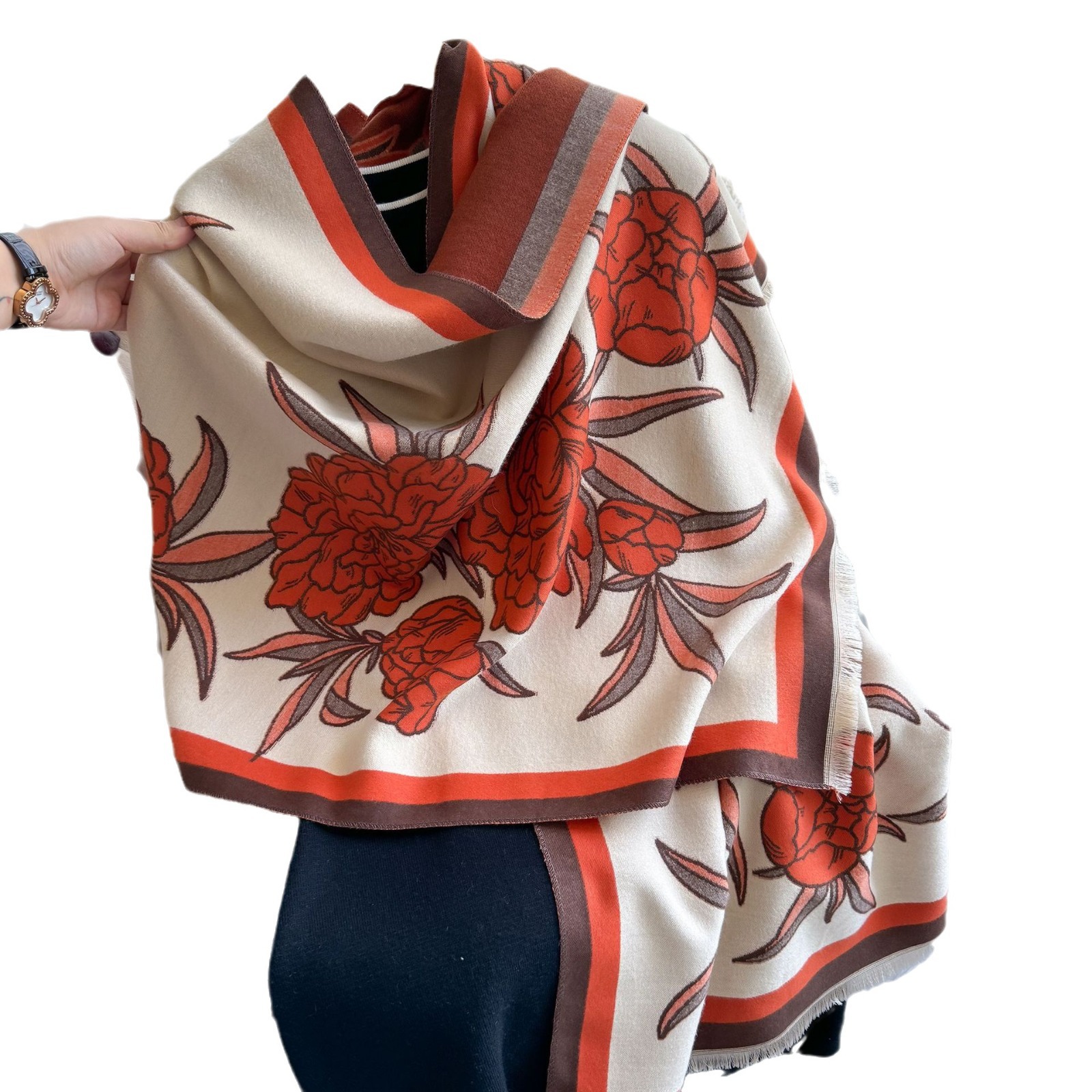 Flores y plantas de moda imitación de cachemira temperamento bufandas de doble cara mujeres invierno coreano variedad gruesa buñuelo caliente