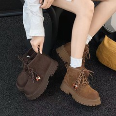 真皮马丁靴女2025新款时尚系带圆头松糕底增高短筒显瘦百搭靴子女