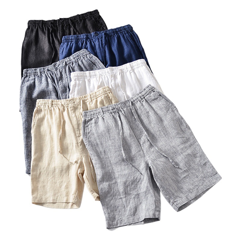 Pantalones de lino de verano Pantalones cortos de lino sueltos ocasionales de los hombres pantalones de playa transpirable cintura elástica pantalones recortados 076