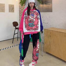 套装大码拼接撞色连帽卫衣卡通卫裤2025年秋季新款时尚束脚两件套