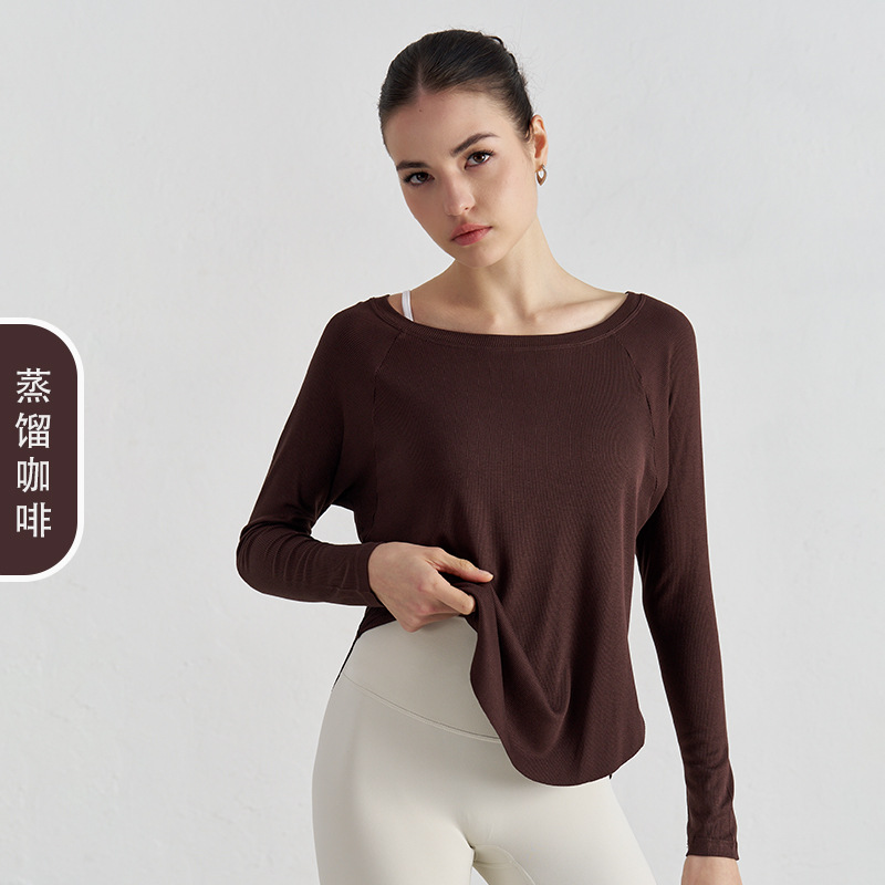 Otoño nuevo moda ropa de yoga suelta mujer sensación de hombro abierto chaqueta de yoga casual sensación deportiva de manga larga