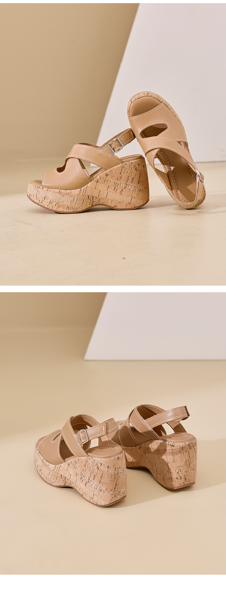 Sandal cao gót nữ hở mũi đế xuồng platform da bò thật quai chéo kiểu La Mã — màu đen, màu nâu nhạt chi tiết 13