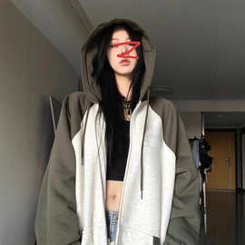 美式复古棒球服oversize外套女秋冬加绒百搭韩国小众连帽卫衣开衫