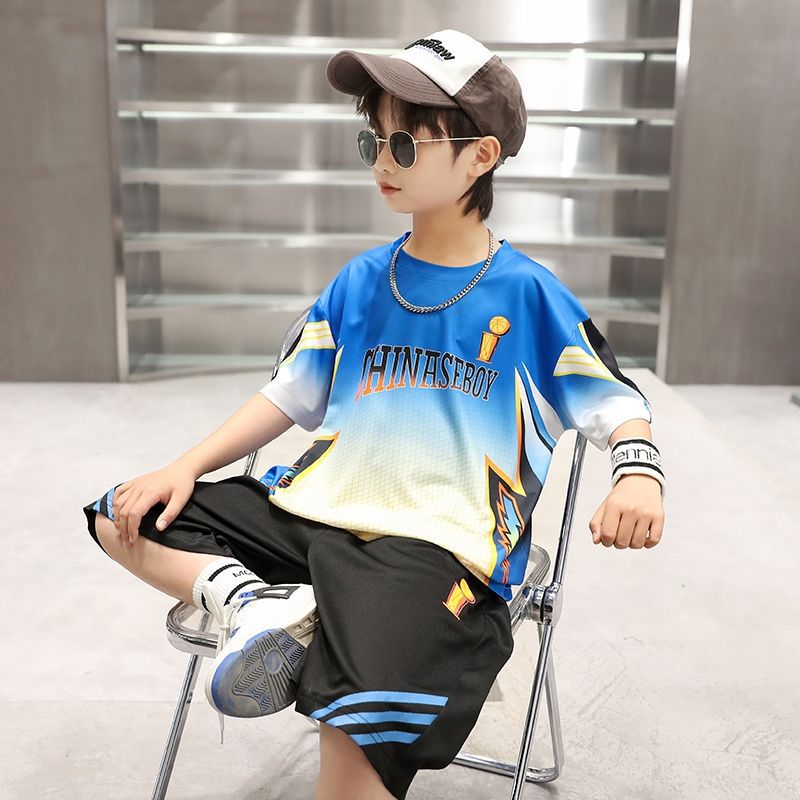 Boys' ice silk sportswear set, new short sleeved shorts, stylish medium to large children's quick drying clothes_voghion.com