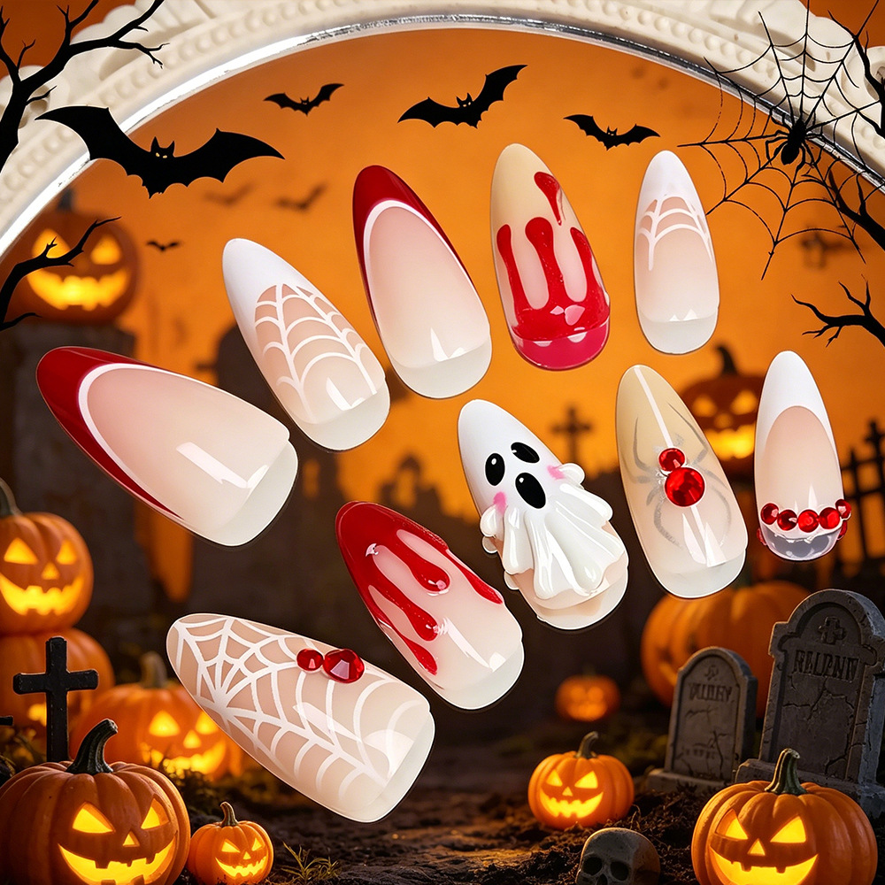 Manicure pieza de uñas 30 piezas de Halloween transfronterizo 3D encantador fantasma araña roja usar uñas falsas