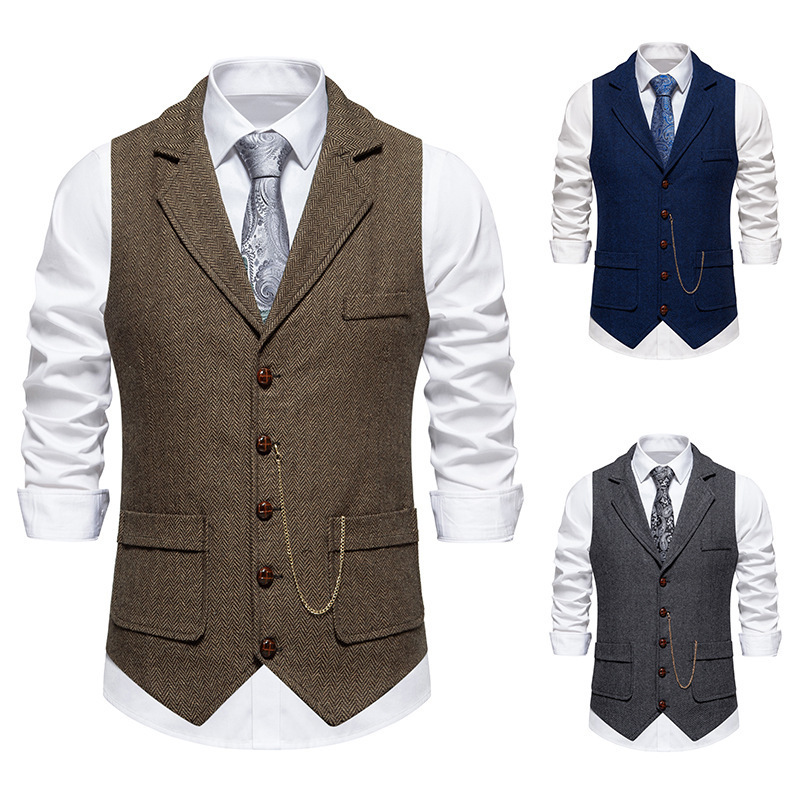 Cross-Border 2024 New Men's Herringbone Tweed Suit Vest Men's Retro Lapel Vest Men's Trendy