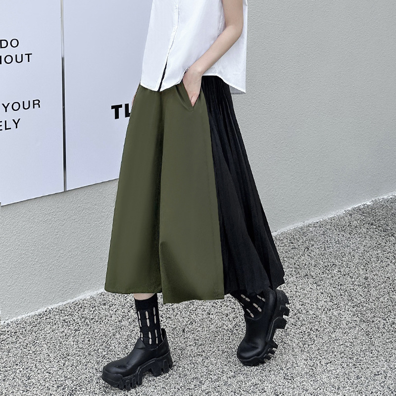 Retro Hong Kong style contrast color stitching pleated wide-leg pants women's summer thin slimming slimming niche design straight skirt pants