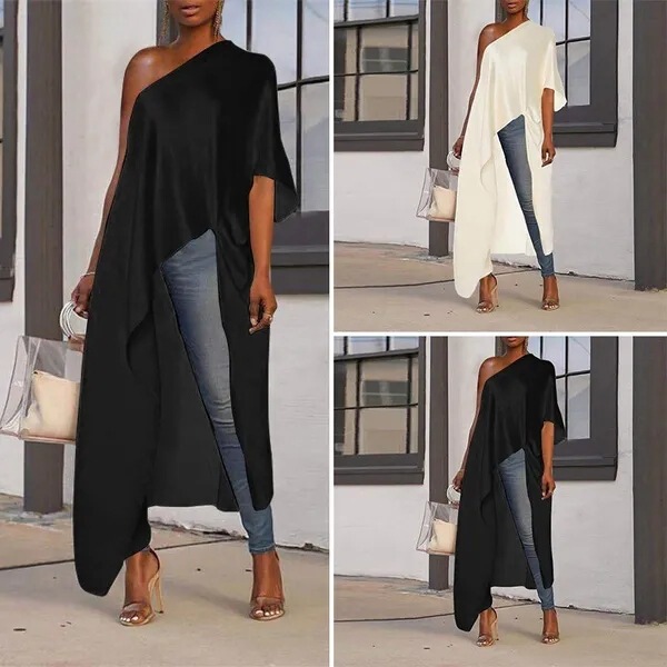 Cross-border New Women's Casual Off-shoulder Solid Color Single Sleeve Long Shirt Large Size Sexy Women's Bat Wing Shirt Top