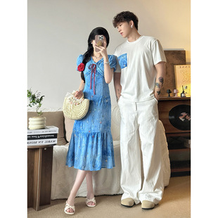 2025 Couple Wear Summer Women's Embroidered Tie-Dye Tencel Dress Slimming V-Neck Blue Floral Long Skirt
