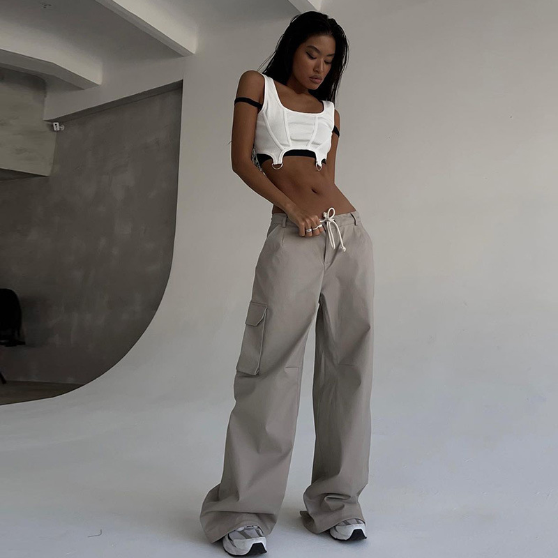 Streetwear Solid Color Spandex Polyester Pocket Patchwork Cargo Pants