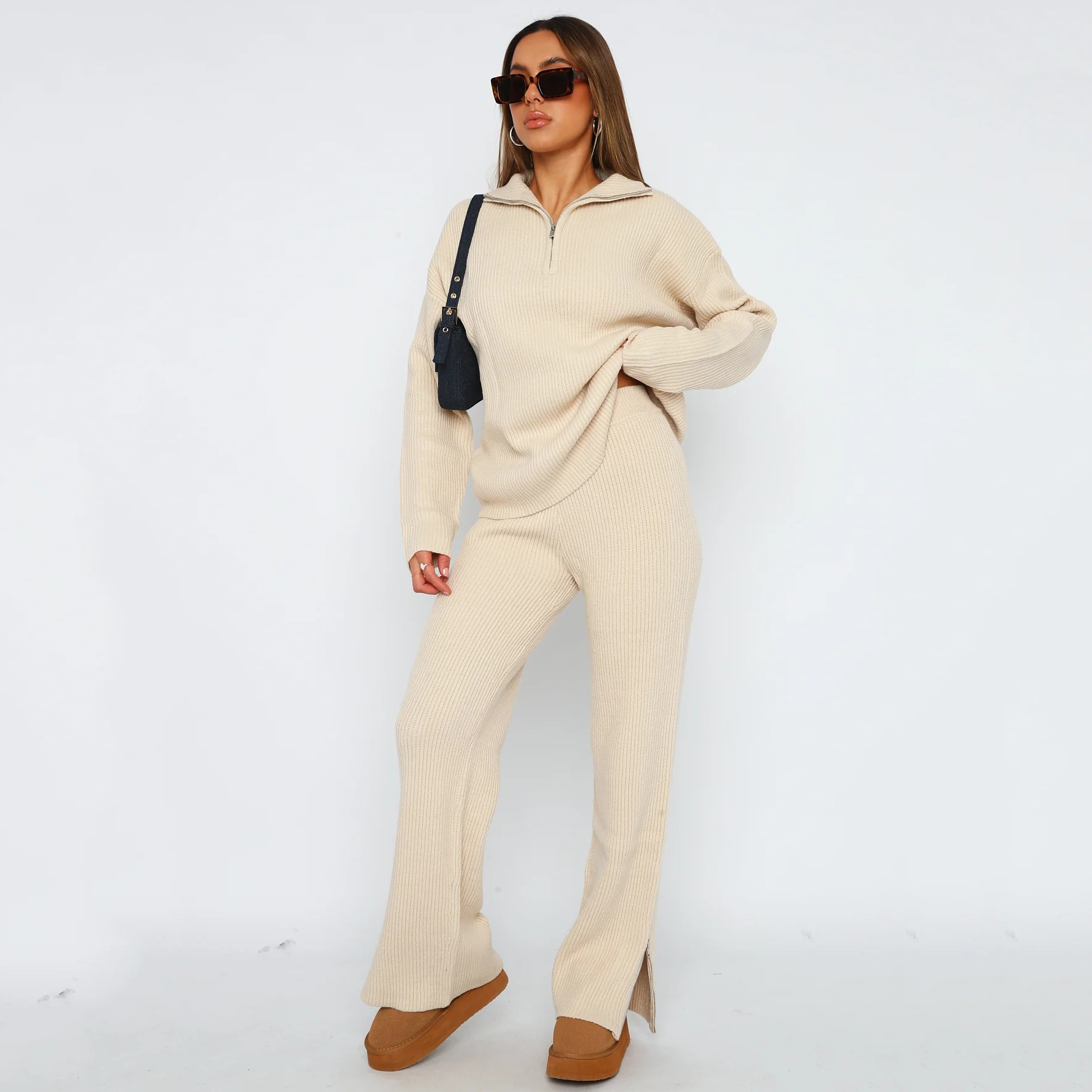 Damen Strick Zweiteiler Set Casual Langarm Pullover Und Hose_voghion.com