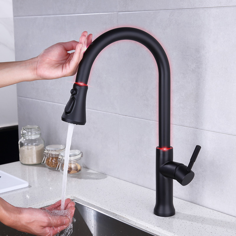 跨境304不锈钢黑色厨房触碰抽拉式水龙头 冷热烤漆伸缩洗菜盆龙头