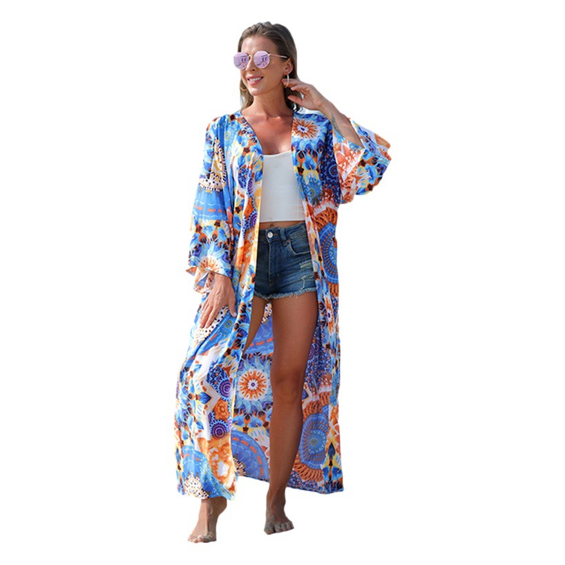 Europa y América elástico impreso sexy cardigan playa camisa de protección solar vacaciones falda bikini traje baño blusa 5D56