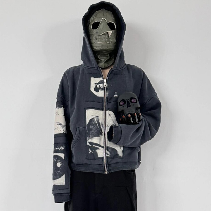 ERD GRAC Melancholy Rich Second Generation Niche Trendy Brand Washed Old Padded Fabric Zipper Hooded Sweater Cardigan Jacket