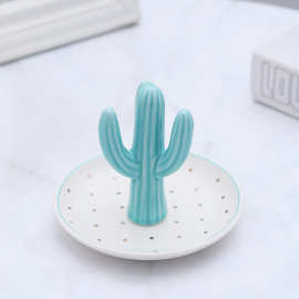 现货批发陶瓷盘蓝色仙人掌首饰盘摆件戒指盘收纳首饰架工艺品定制