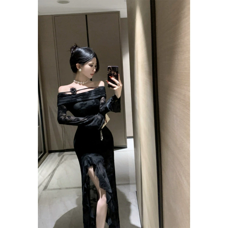 Повседневное новое стильное сексуальное платье в стиле чистой страсти с одним плечом, сетчатое флокированное платье нестандартной формы, облегающее бедра для женщин