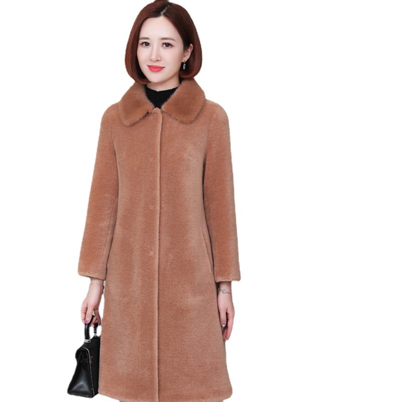 Women's Clothing Clearance Granular Sheep Shearling Real Mink Collar Fur Wool Coat_voghion.com