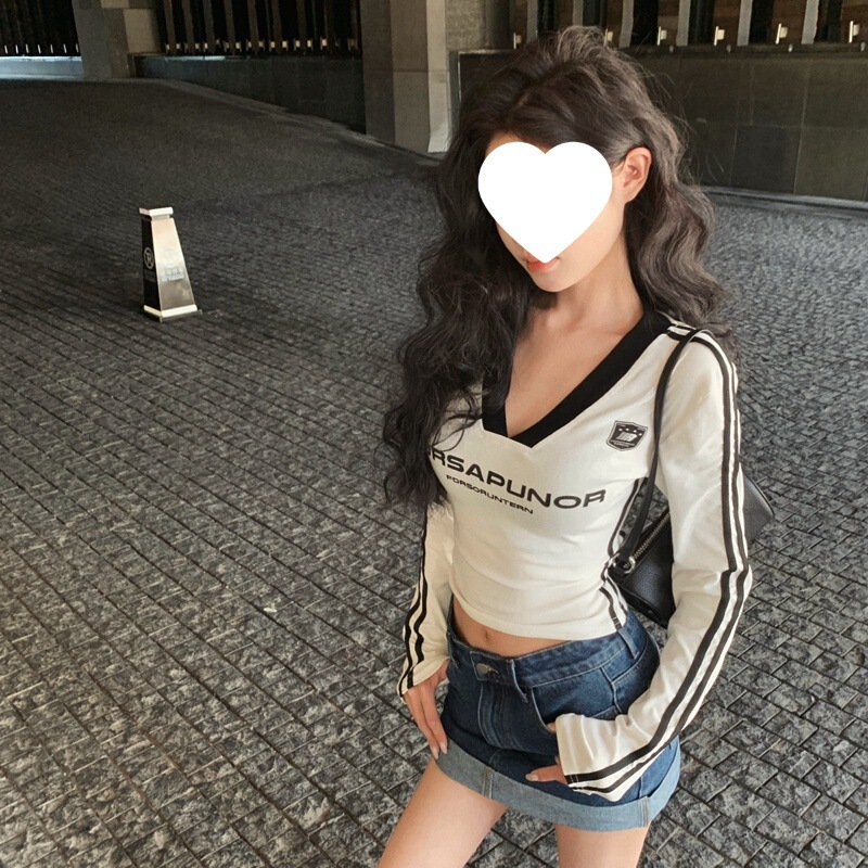 美式辣妹撞色字母复古打底印花长袖秋季运动恤显瘦修身短款上衣|undefined