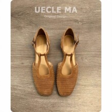 羊皮版~复古编织绝美罗马凉鞋女25配裙子中空玛丽珍粗跟包头单鞋