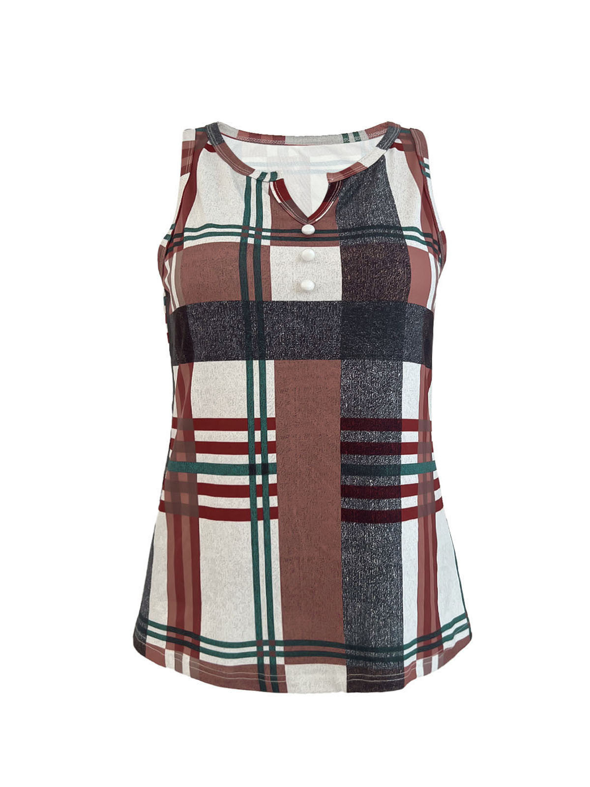 Women's Plaid Print Color-Block Tank Top, Loose Fit Sleeveless Summer Casual Vest, Breathable Milk Silk Blend Fabric_ecoleips.com