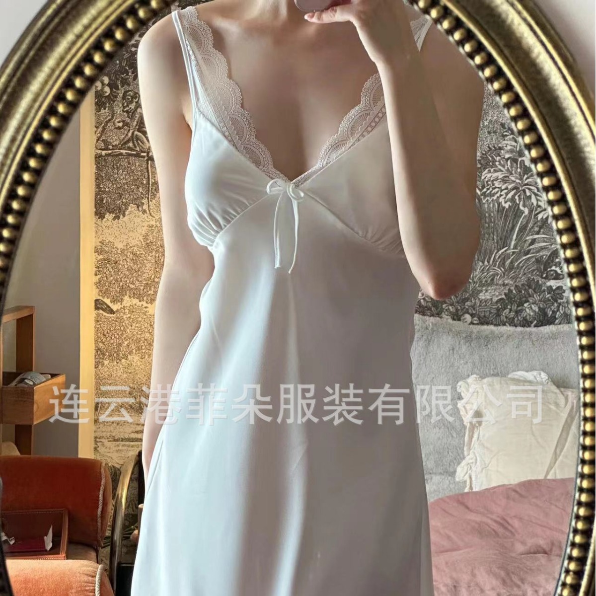 French Style Sexy Pajamas Women's Summer Lace Sling Ice Silk Pure Desire Long Dress with Chest Pad Nightdress Women's Home Clothes