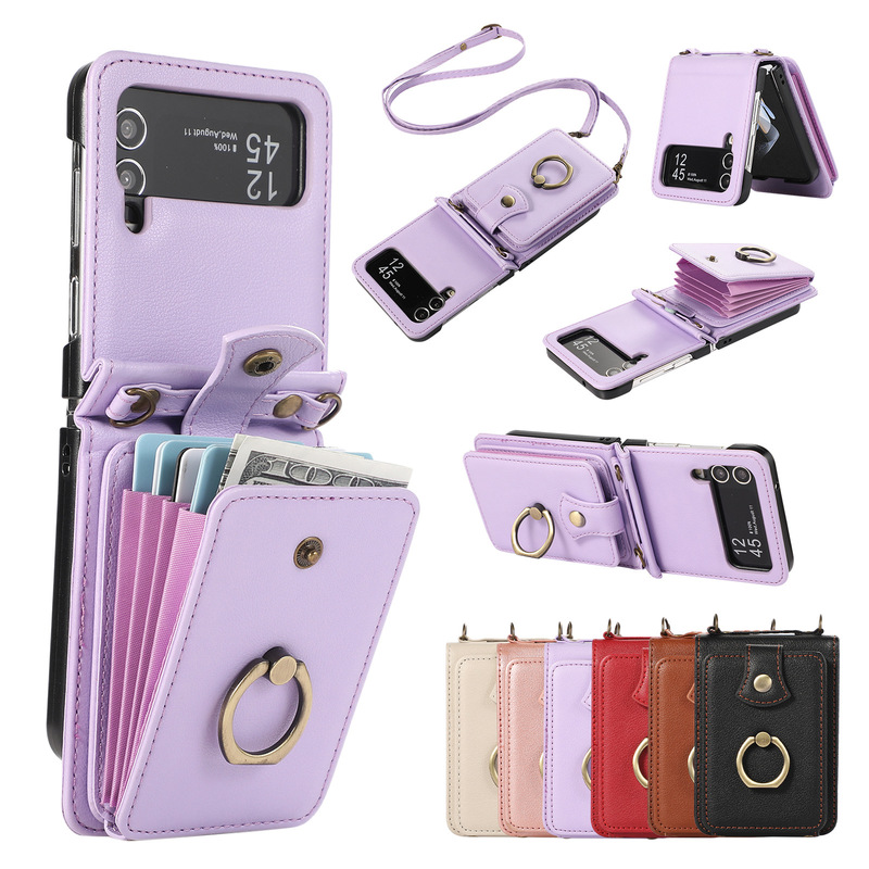New Model Suitable for Samsung Z Flip 30% off Stacked Mobile Phone Case Zflip4 Ring Buckle Multi-Function Card Holder Leather Case Protection