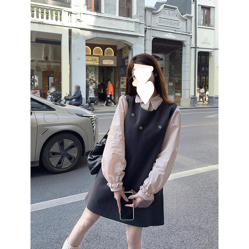 立体花朵甜美毛呢背心连衣裙女2025冬季新款叠穿减龄衬衫时尚套装