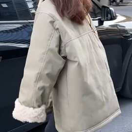 设计感翻领拼接仿羊羔毛加厚保暖加棉外套冬季新款百搭休闲