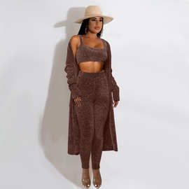 亚马逊速卖通国际站跨境外贸女装纯色毛线针织外套休闲套装三件套