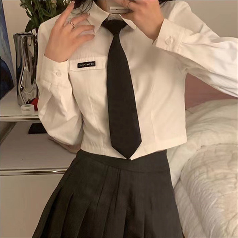 JK 셔츠 긴 소매 짧은 스타일 허리 작은 디자인 감각 흰색 셔츠 대학 스타일 JK 유니폼 순수한 욕망 정장 뜨거운 여자