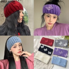 秋冬时尚新款毛线发带仿真蝴蝶防风配饰宽边北极绒保暖防寒头饰女