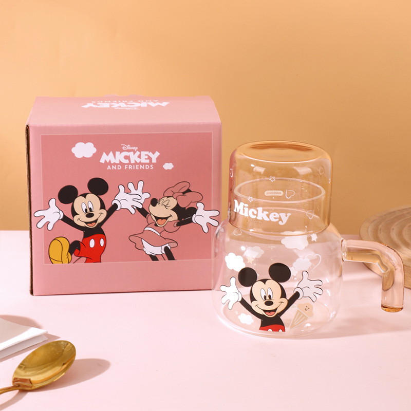 Nuevo tipo de taza de agua con tapa de Disney, taza de agua de una persona, taza de agua de vidrio de alta capacidad, taza de té de flores, taza de agua de vidrio de alta silicona