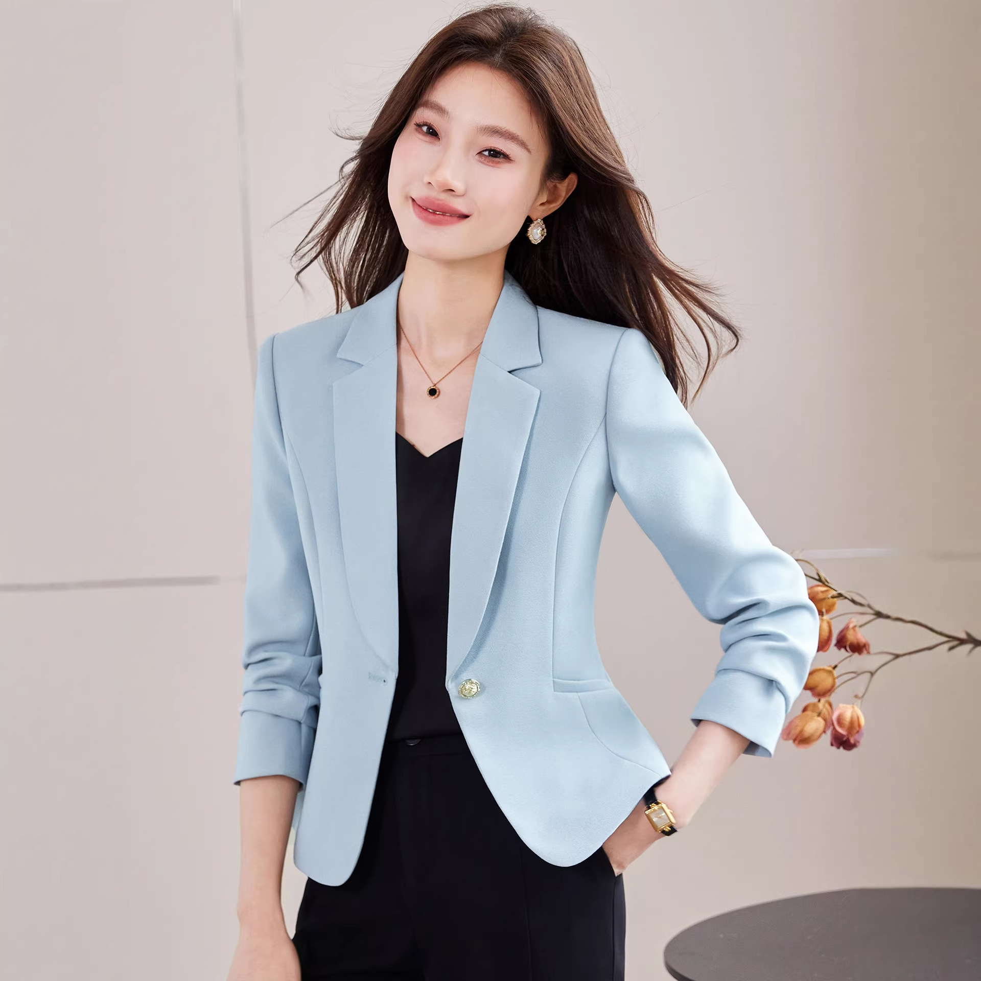 Light blue short blazer for petite women, new spring 2026 style, casual, slim fit, flattering.