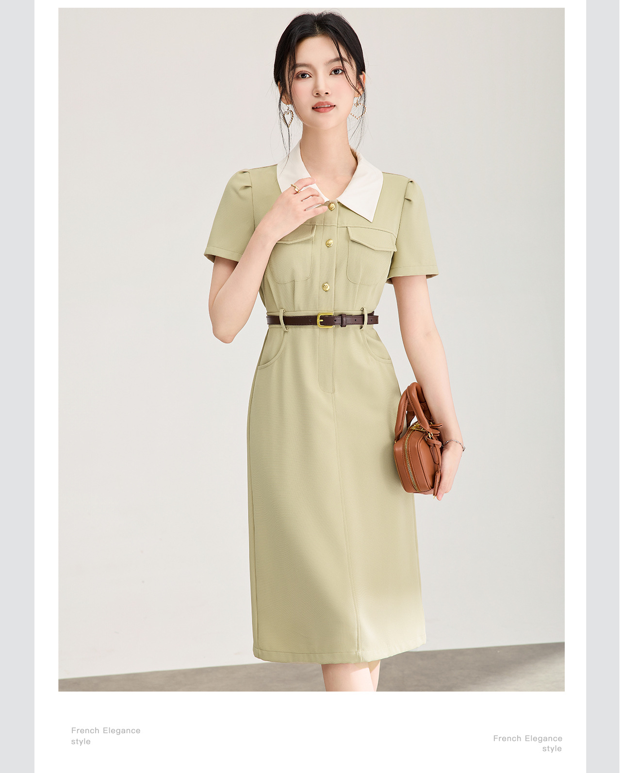Đầm dài cổ sơ mi phong cách vintage nữ tay ngắn dáng suông — xanh lá cây chi tiết 8