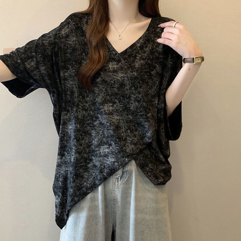 Plus Size Asymmetrical Tie-Dye V Neck Short-Sleeved T-Shirt for Women Summer New Loose Slimming Look Casual Fashion Top Plus Size Asymmetrical Tie-Dye V Neck Short-Sleeved T-Shirt for Women Summer New Loose Slimming Look Casual Fashion Top