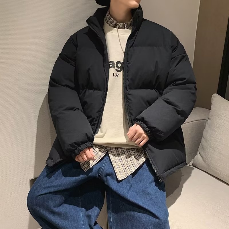 Men's autumn/winter stand-up collar cotton coat, high street trendy Korean style, loose casual and lazy style, couple outfit, solid color puffer jacket