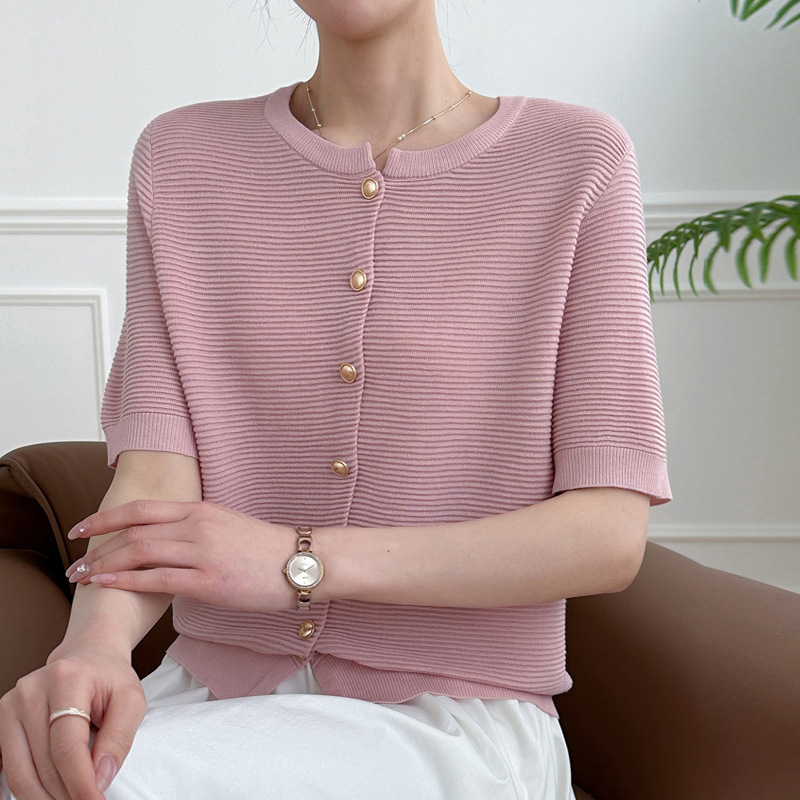 Knitted summer solid color cardigan with a round collar