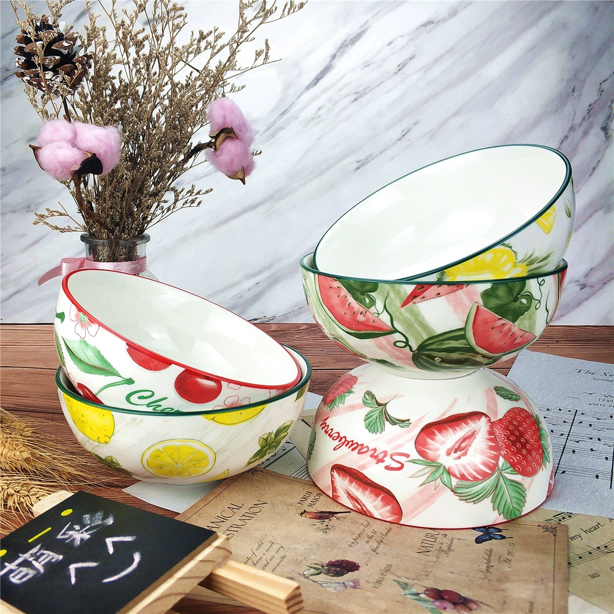 Симпатичная модная фруктовая посуда в свежем стиле, 4.5inch рисовых мисок, бытовая керамическая креативная глазурь, пригодная для использования в микроволновой печи