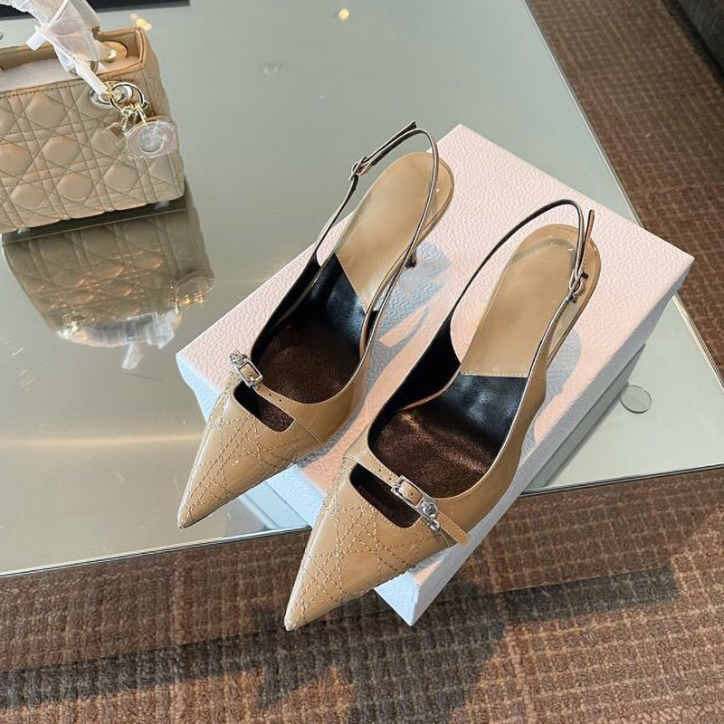 2025 Summer Patent Leather Pointed Toe White Toe-Cap Sandals with Thin Heels and Feminine Black High Heels
