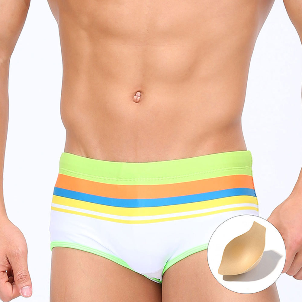 UXH European and American Cross-border Men's Sexy Color Strip Printed Belt Cup Flat Angle Swimsuit Men's Four Angle Swimsuit Foreign Trade Men
