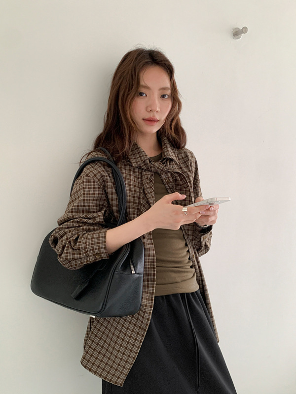 广州十三行2025秋冬韩系气质通勤混纺修身单排扣格子衬衫女02991|undefined
